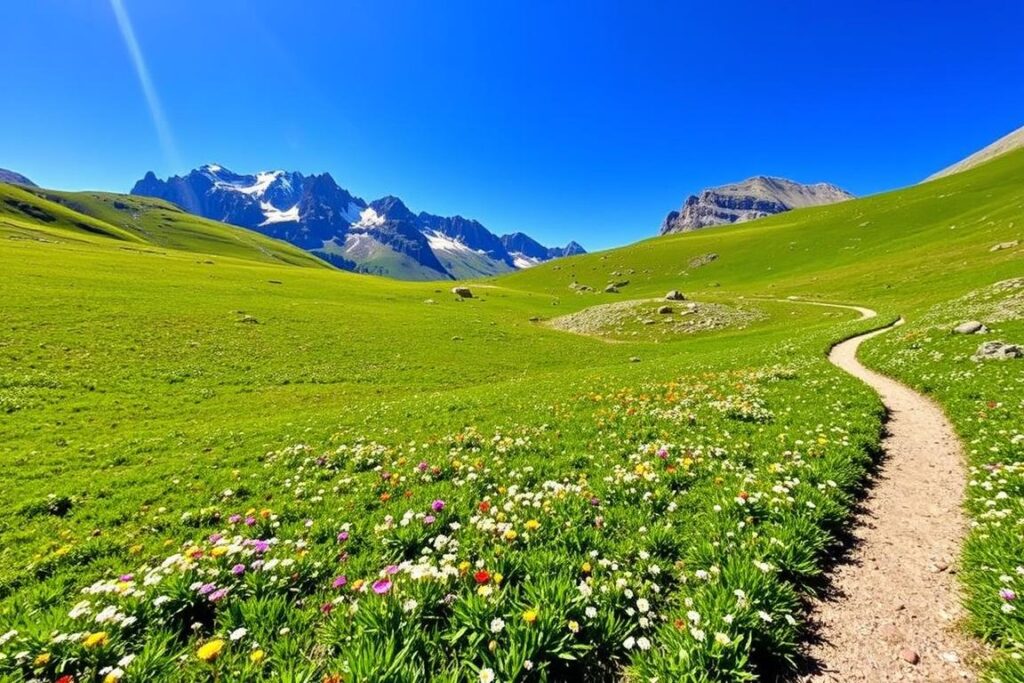 Scenic alpine meadows along the Tour du Mont Blanc trail